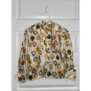 Vintage Macshore Classics Pure Silk Novelty Pocket Watch Compass Bow Blouse